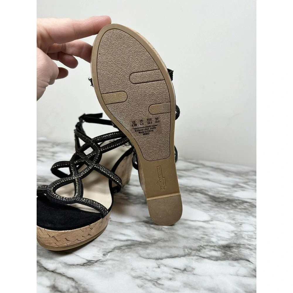 Fergalicious Mimic Wedge Sandals Women 6.5 Black Rhinestone Strappy Platform